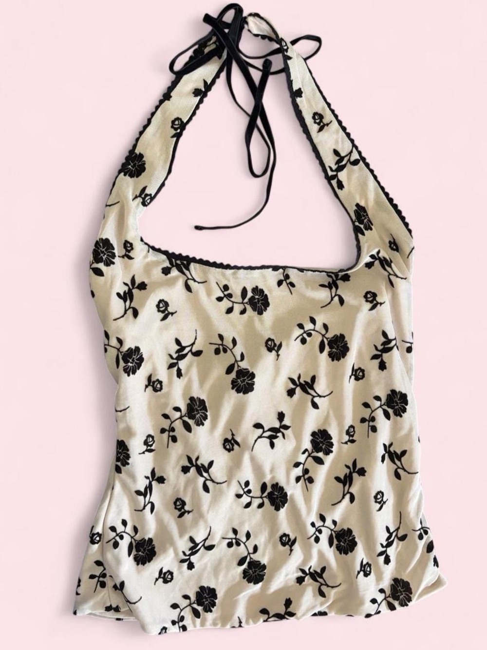 Women's Black & Cream Floral Halter Top